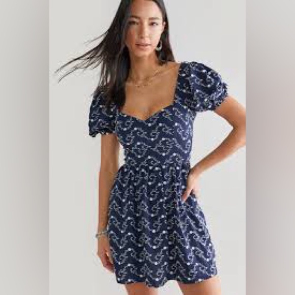 Audrey Parks for Francesca’s Navy Blue Sophia Tie Back Embroidered Mini Dress